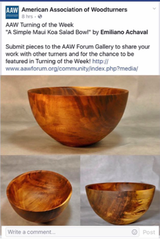  January 9th 2017: A great honor, the American Association of Woodturners chose one of my Koa bowls as 