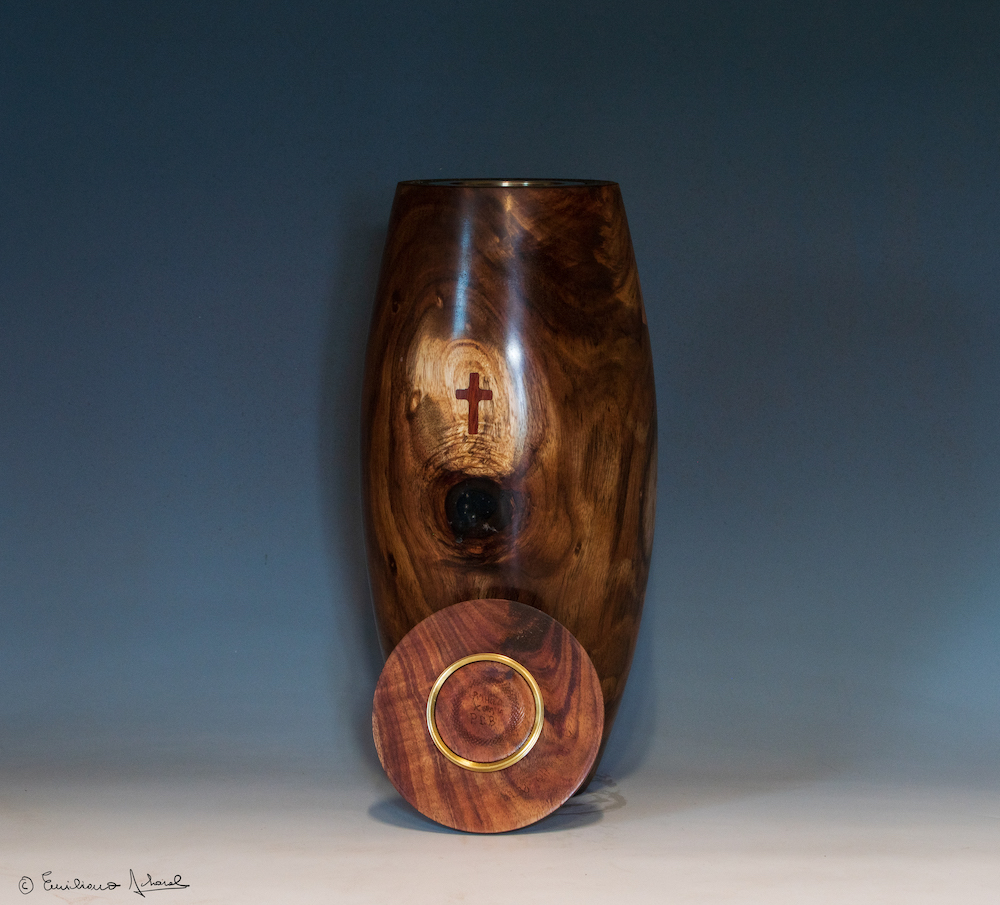  Koa urn with brass threads 